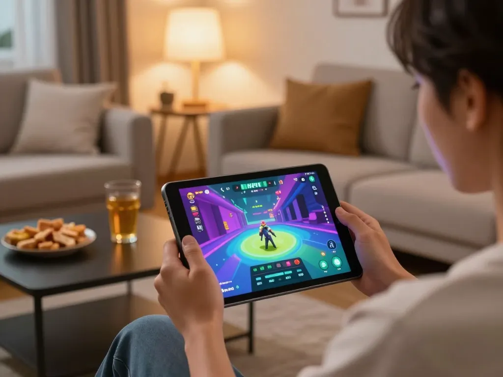 Engaging gameplay of nsfw games apk on tablet, showcasing vibrant graphics and cozy home setup.