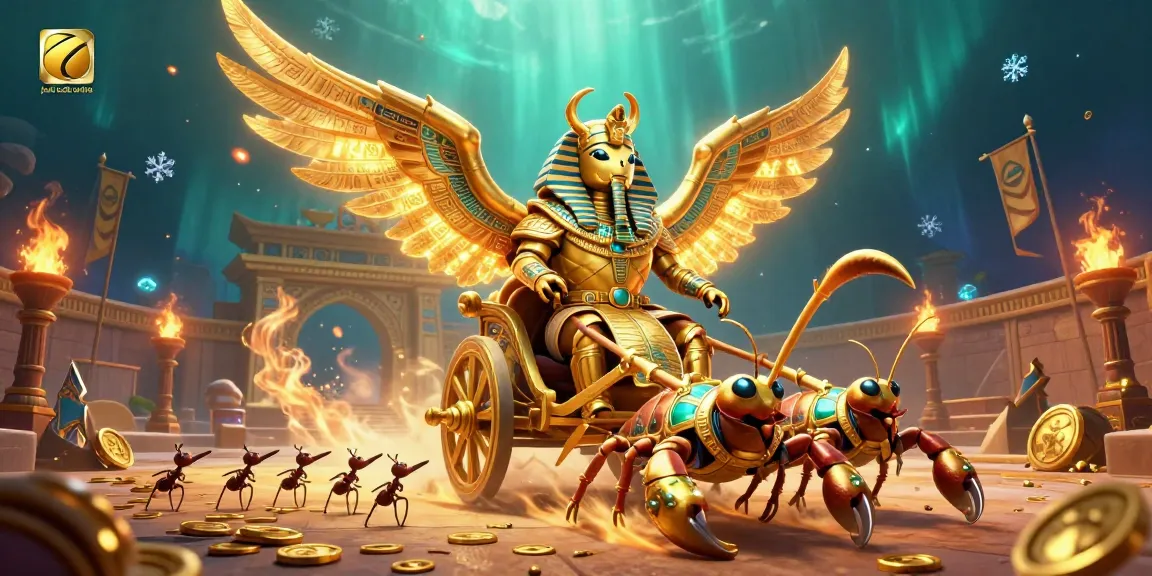Engage with judi bola online betting opportunities in this vibrant scene featuring a golden scarab beetle and dynamic stakes.