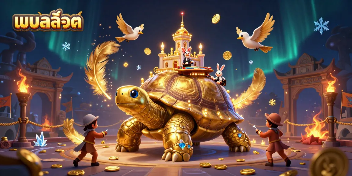 Experience the thrill of แบบสล็อต as golden tortoise and rabbit dealer create a vibrant casino atmosphere.