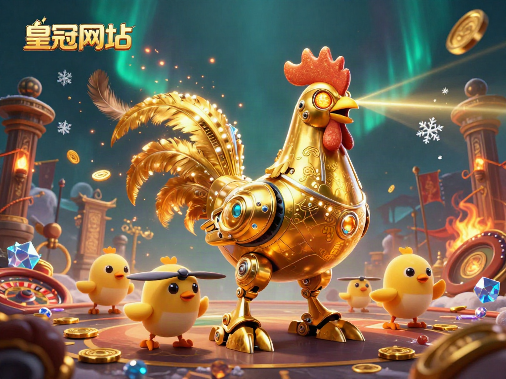 在皇冠网址中，金色公鸡机器人与追随的婴儿小鸡无人机在动态赌博场景中，对抗火焰与金色金币的氛围。