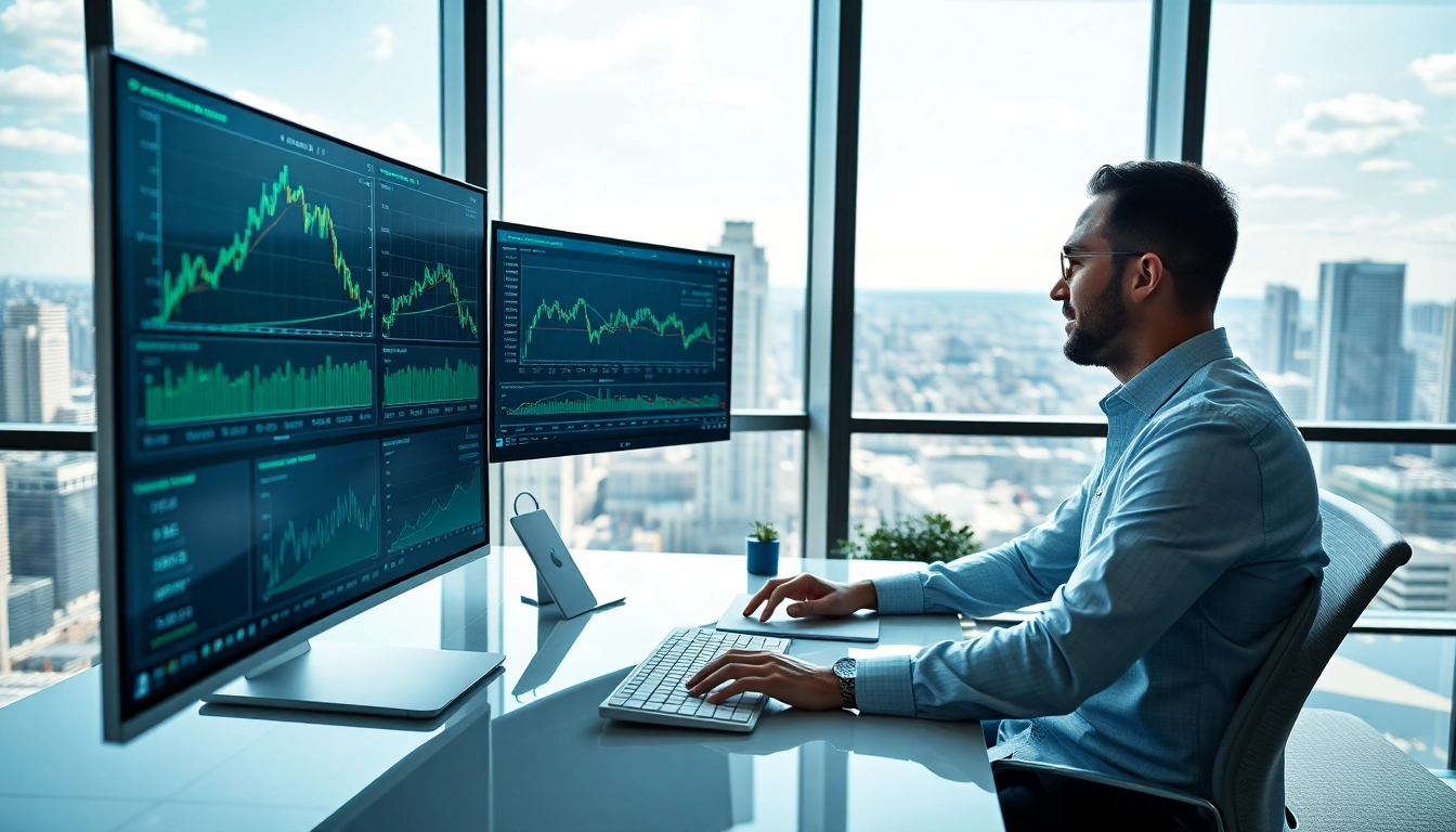 Engaging in online equity trading In Saudi Arabia with advanced stock analysis tools and a stunning skyline backdrop.