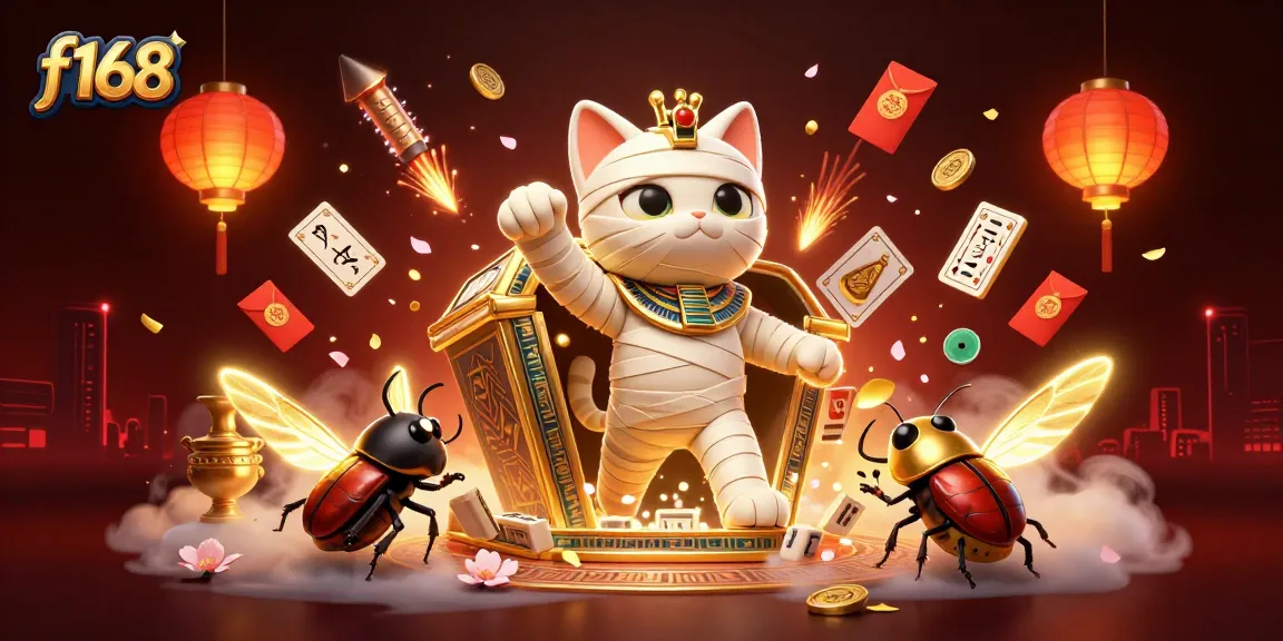 Experience thrilling excitement at f168 with our vibrant casino illustration featuring a mummy cat and glowing scarab.