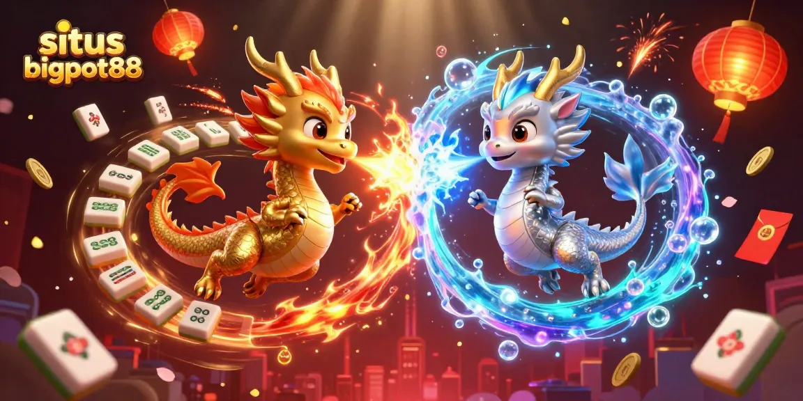 Situs bigpot88 showcases twin dragons in a dynamic casino scene embodying luck and excitement.