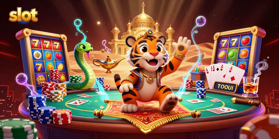 Spin slot reels with vibrant symbols in a magical Arabian-themed casino scene.