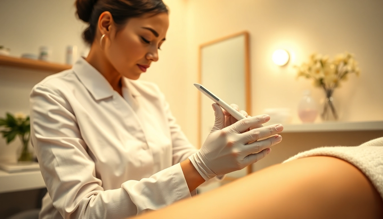 Waxing near me service showcasing professional aesthetician applying wax to client.