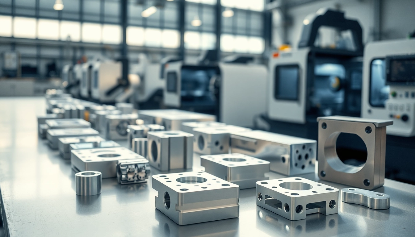 Showcase of aluminum prototypes with intricate details and advanced machining tools in a professional workshop.