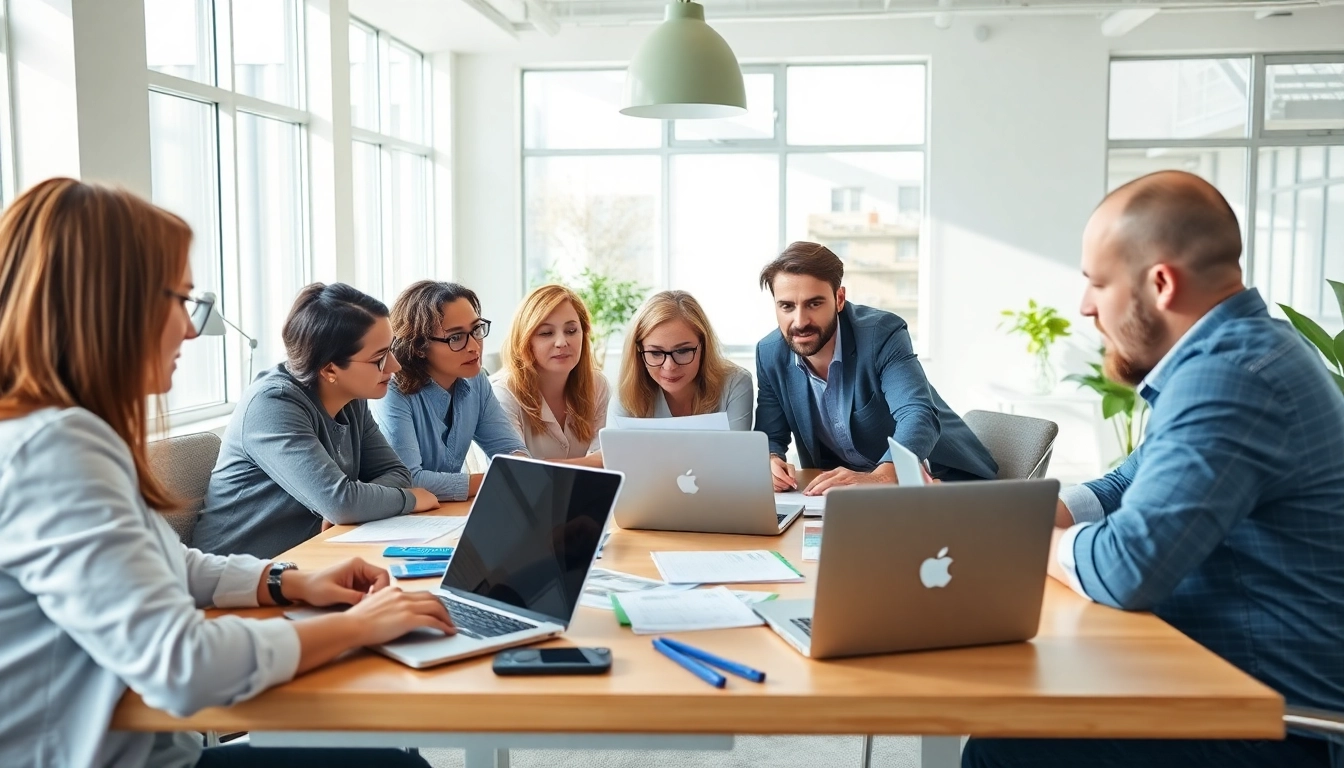 Crafting HubSpot marketing email strategies with a dynamic team in a bright office setting.