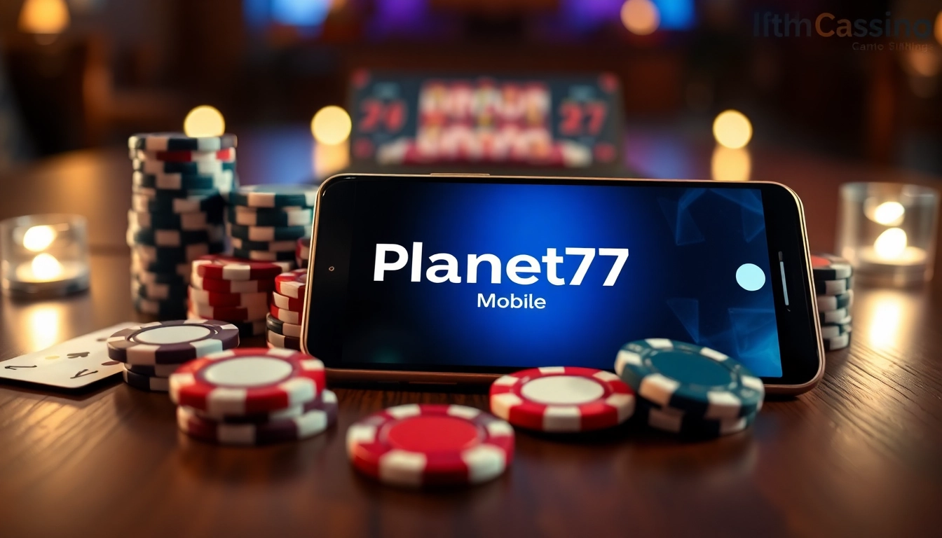 Menampilkan permainan Planet77 Mobile di smartphone dengan kartu poker dan chip kasino di sekitarnya.