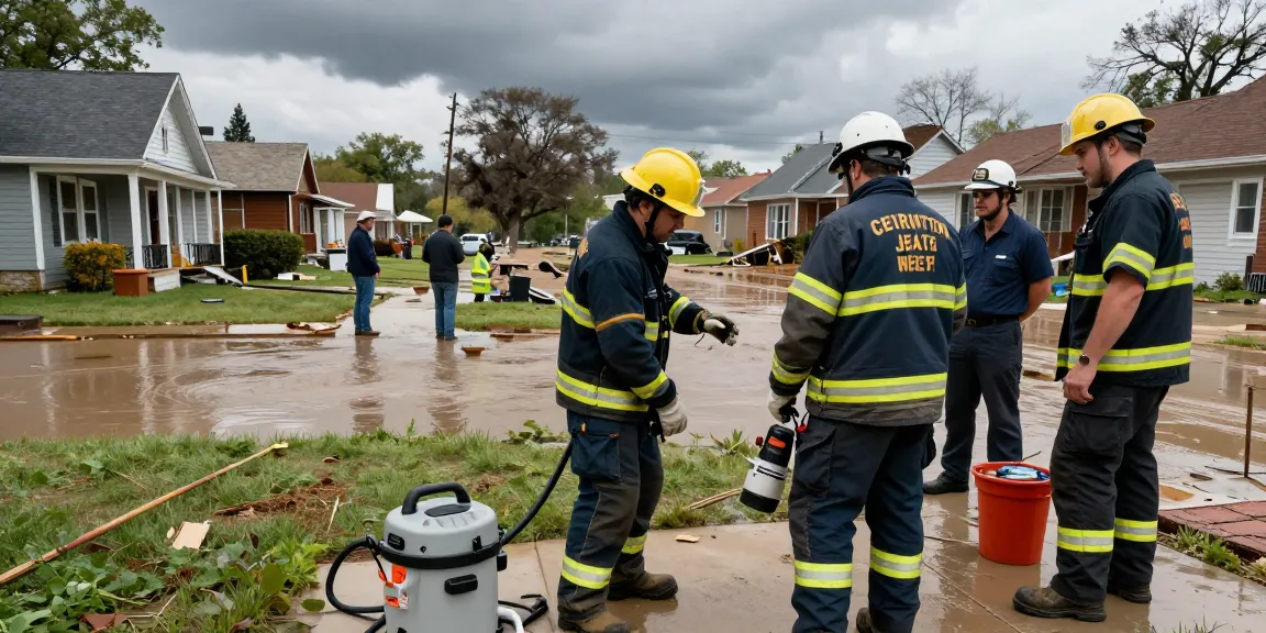 Damage restoration Chicago team analyzing storm impact, equipped with moisture meters and extraction tools in a flooded basement.