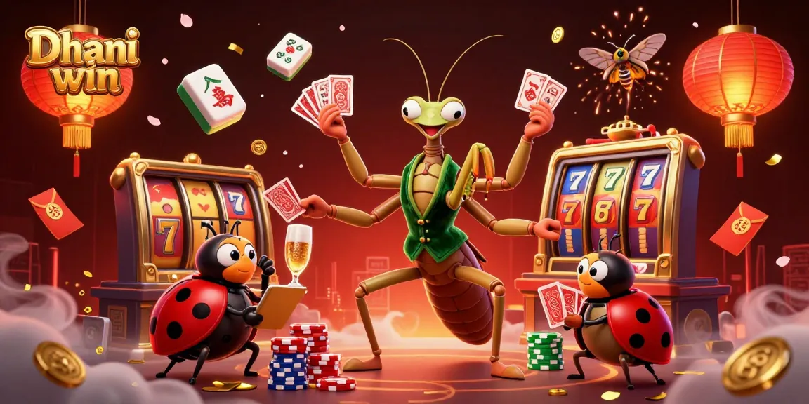 Dhani win gaming scene featuring a giant praying mantis card sharp and ladybug pit boss amidst slot reels and festive decorations, illustrating excitement and winning dynamics.