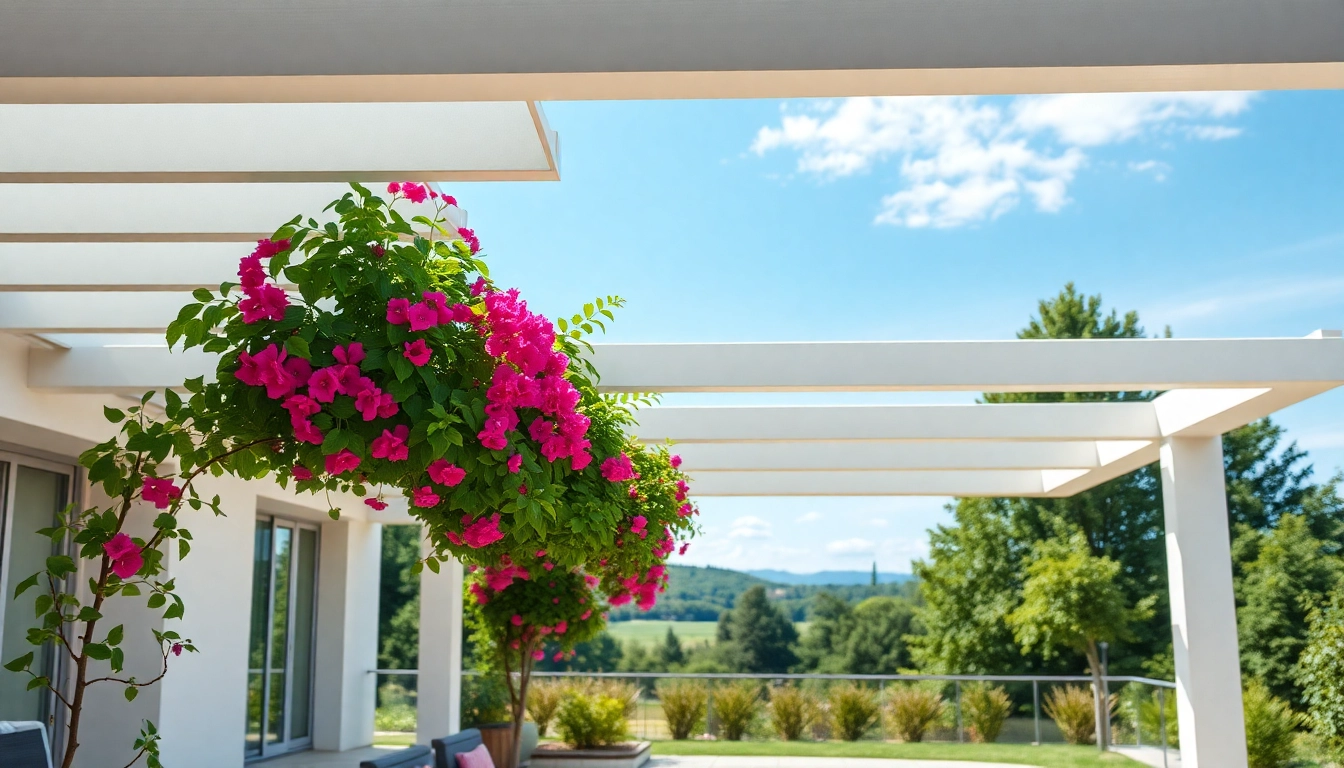 Terrassenueberdachung Ungarn mit eleganter Pergola in harmonischer Gartenszene.