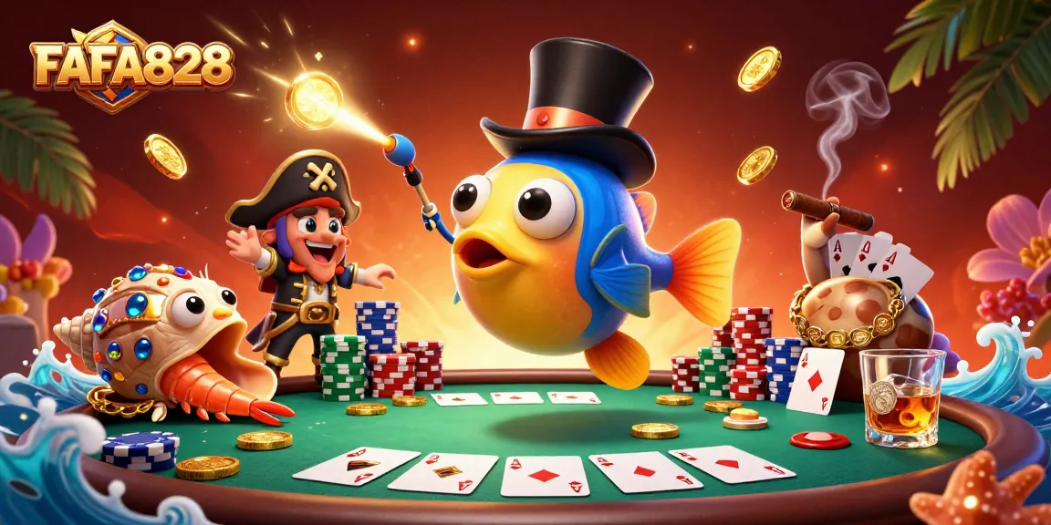FAFA828 captures wins with a glowing anglerfish attracting coins at a vibrant casino scene.