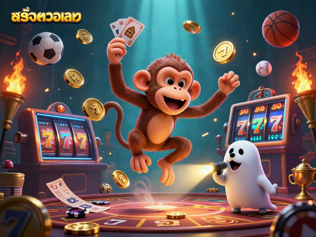 Play thrilling slots with สล็อตวอเลท as a poltergeist monkey juggles golden coins and dice in a haunted casino.