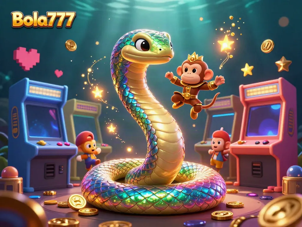 Bola777 memukau dengan naga pelangi dan raja monyet di latar permainan kasino yang ramai.