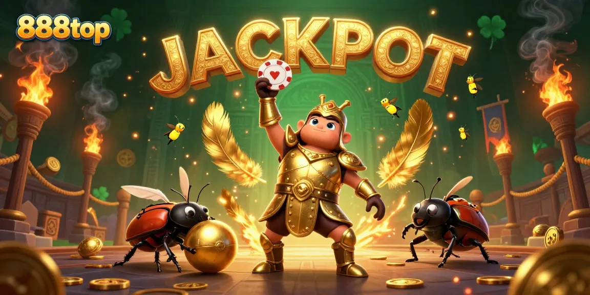Experience the excitement at 888top as a victorious beetle celebrates a big win with JACKPOT!