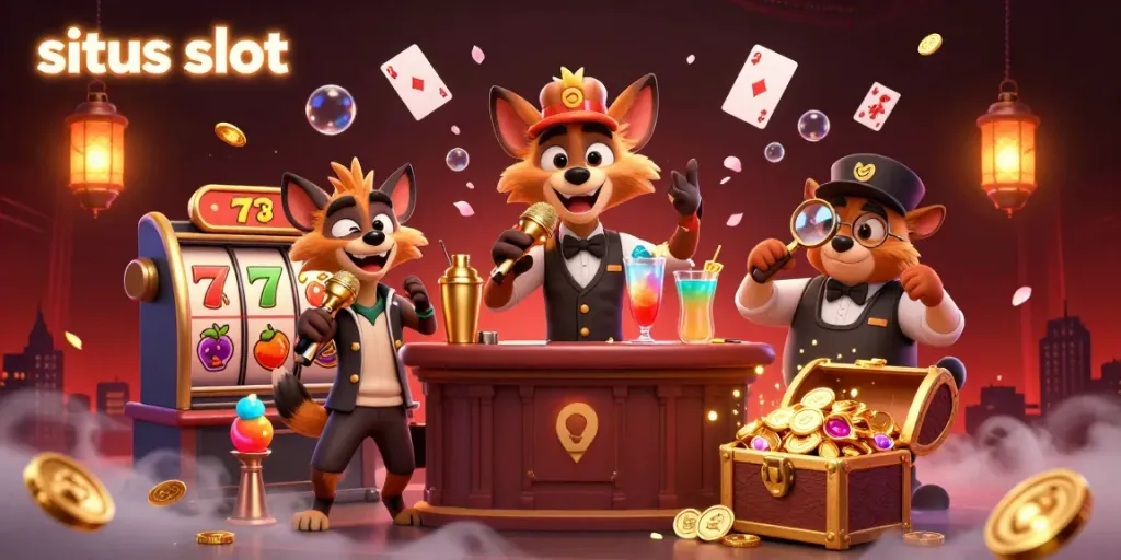Ilustrasi kartun 3D "situs slot" dengan hyena di kasino, komedian, bartender, dan pengawal.