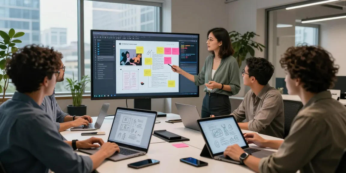 Collaborative scene with professionals using mixboard AI for brainstorming in a modern workspace.