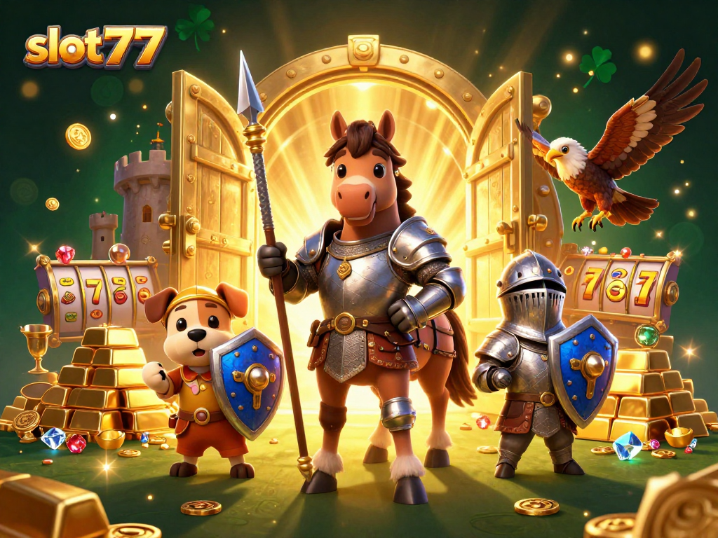 Spin the reels of slot777 with medieval characters amidst treasures and gems, at an energetic casino scene.