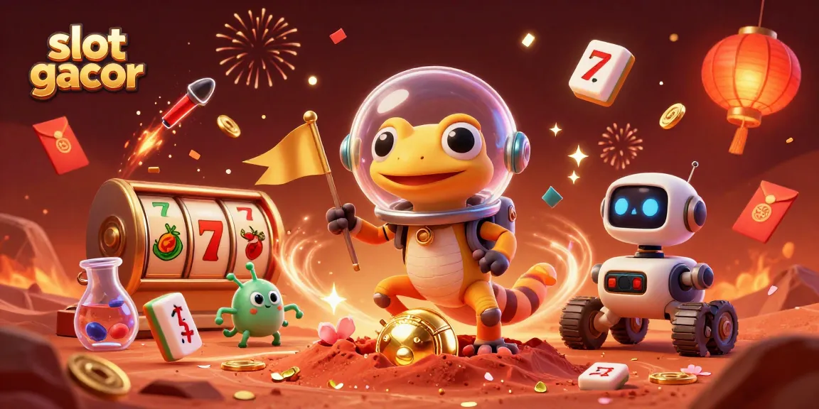 Slot gacor menampilkan gecko Mars dalam penemuan kasino emas, dikelilingi elemen perjudian menggiurkan.