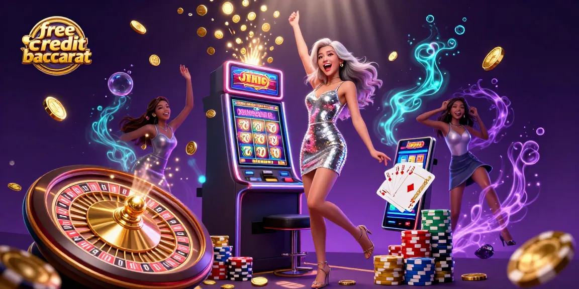 Win big with free credit baccarat, featuring a joyful player amidst vibrant casino elements and golden coins.