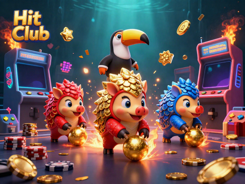 Hit Club pangolins bowling through poker chips, vibrant casino arcade scene