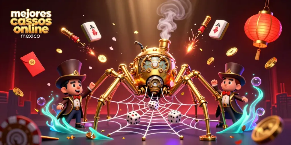 Descubre los mejores casinos online en México con la ilustración de una araña dorada y elementos de juego.