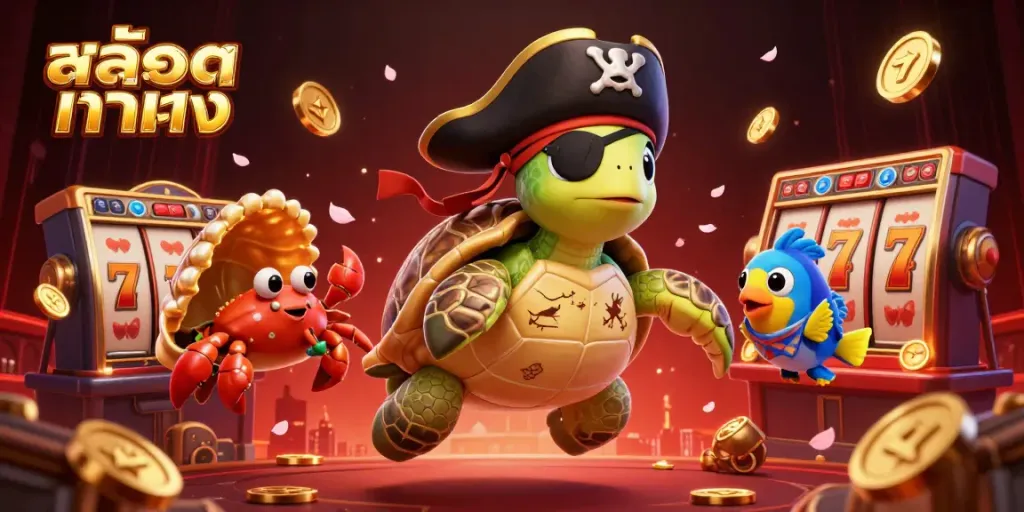 Experience thrilling casino adventures with สล็อตแท้ตรง featuring a pirate turtle, hermit crab, and parrotfish surrounded by dynamic elements.