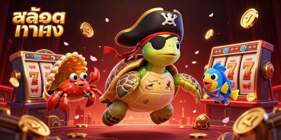 Experience thrilling casino adventures with สล็อตแท้ตรง featuring a pirate turtle, hermit crab, and parrotfish surrounded by dynamic elements.