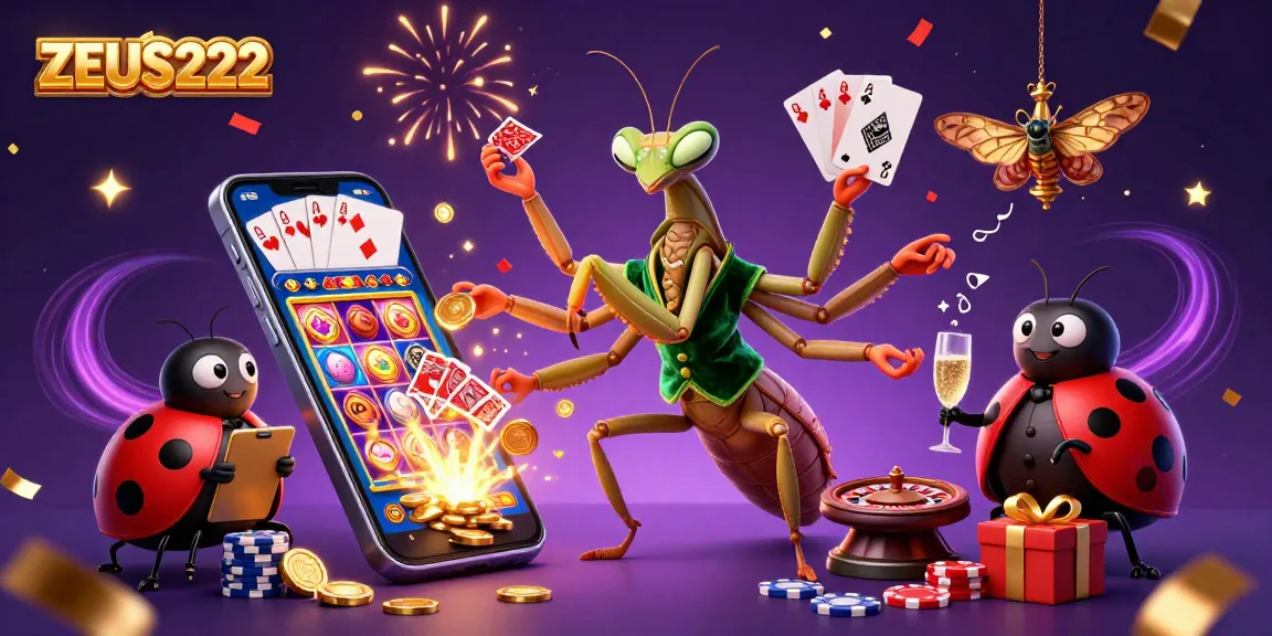ZEUS222 enhances gaming experience with vibrant slot game elements and animated characters celebrating wins.