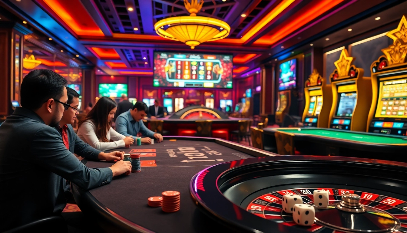 Engaging casino gameplay with "Nếu như vậy bám vào đây" strategy at play, showing poker and roulette excitement.