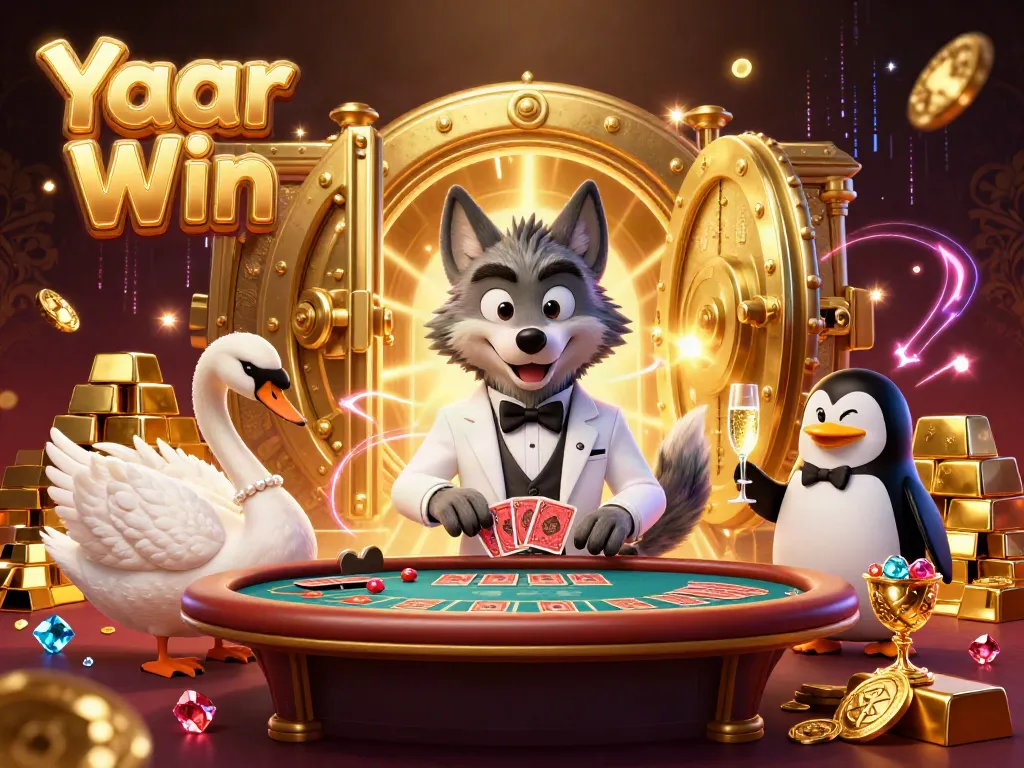 Experience thrilling moments in Yaar Win with a luxurious casino scene featuring a wolf, swan, and penguin.