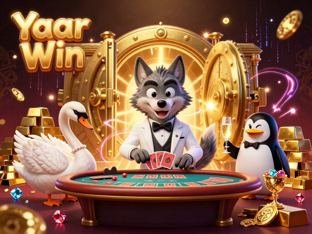 Experience thrilling moments in Yaar Win with a luxurious casino scene featuring a wolf, swan, and penguin.