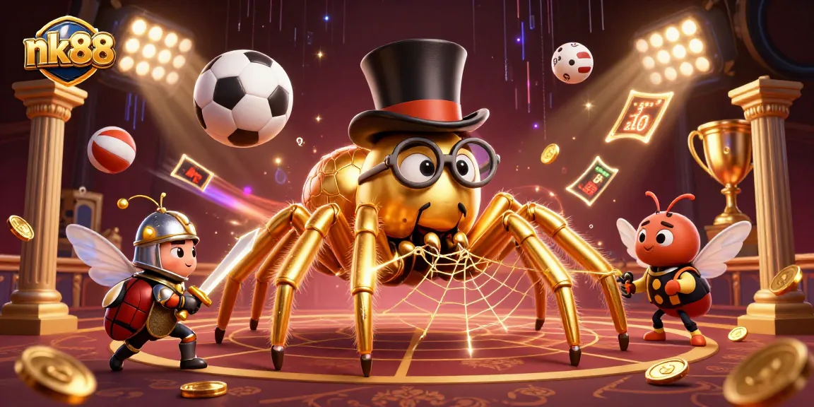 Engage with nk88 as a cartoon tarantula weaves a golden web in this vibrant casino scene.