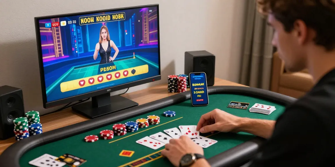 Engaged player at home setup for online credit card casinos featuring https://ieee.org.uk, vibrant casino atmosphere.