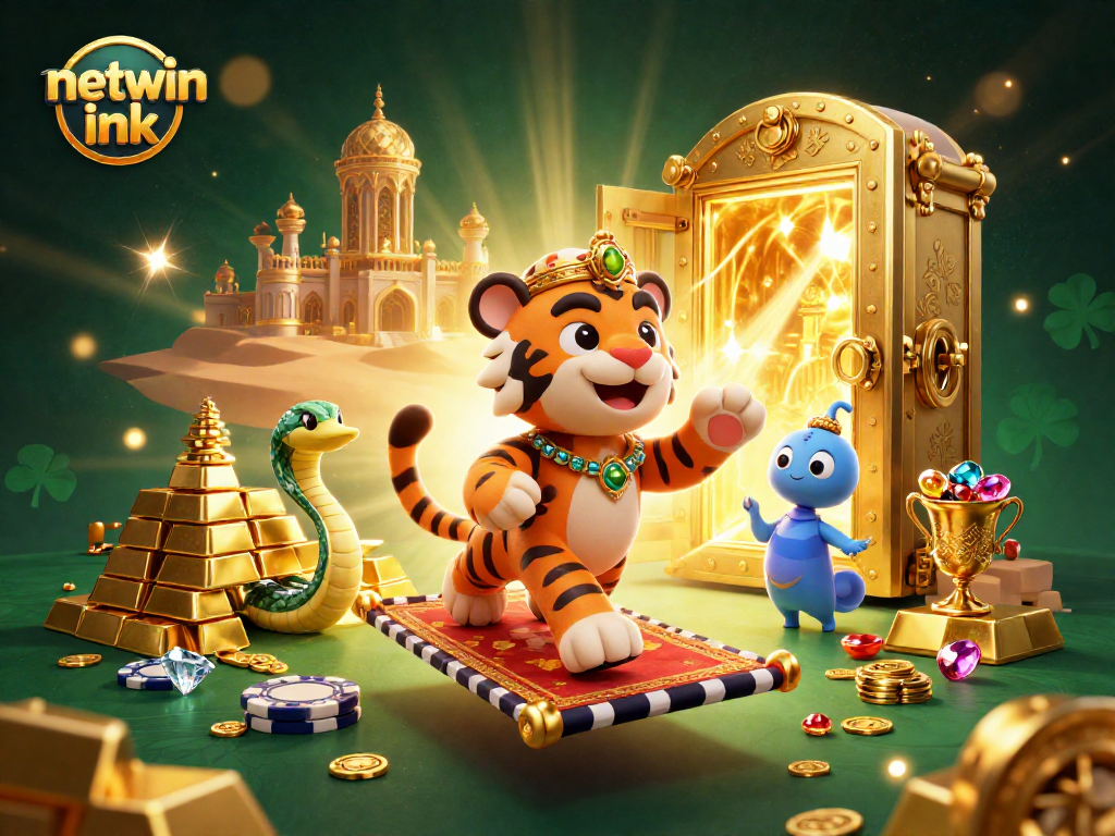 Experience the magic of netwin ink with a dynamic casino scene featuring a sultan, gems, and treasures.