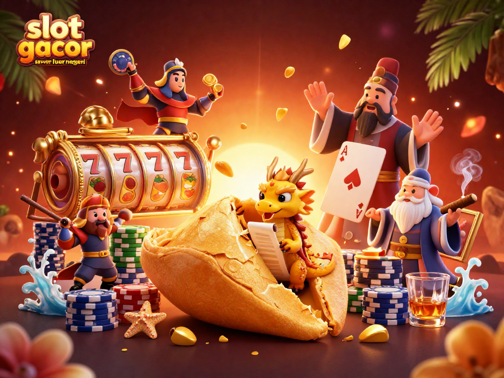 Try your luck at slot gacor server luar negeri with golden fortune symbols and a vibrant casino scene.