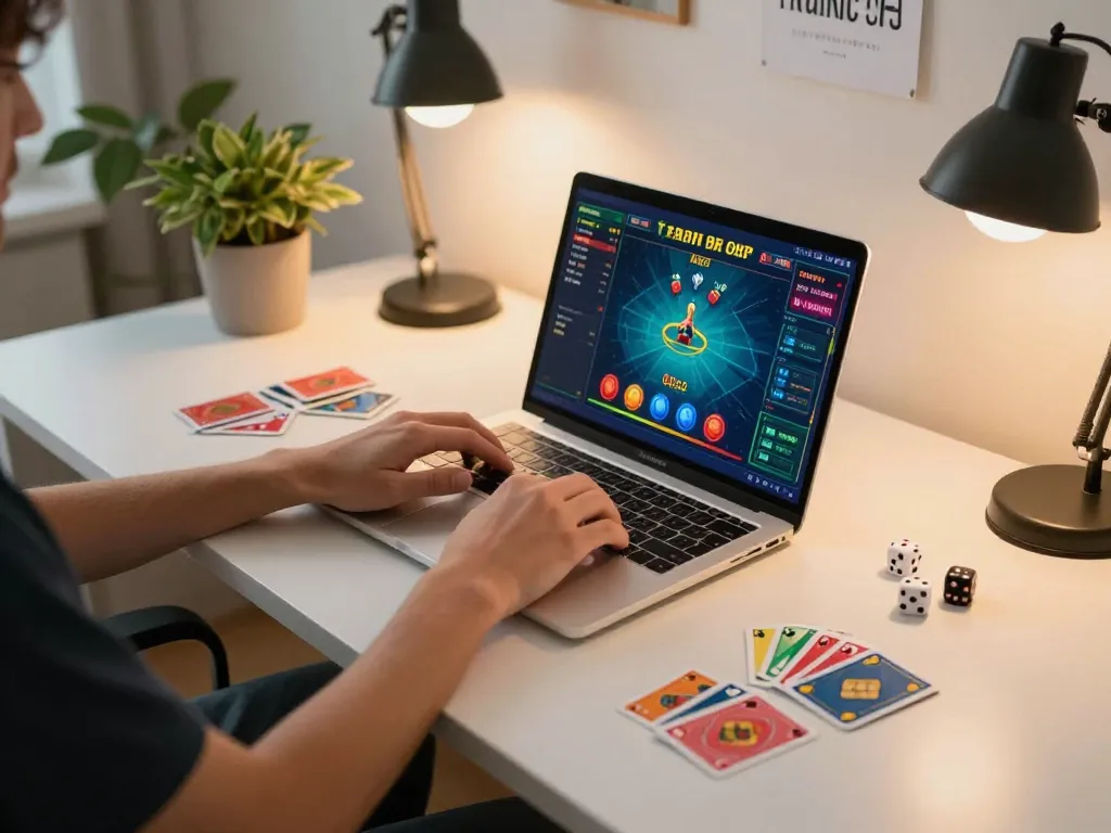 Engaging online casino moment featuring 8kbet gameplay on a laptop, reflecting strategic excitement.