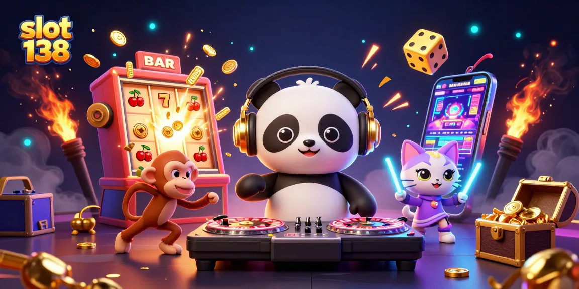 Engage with slot 138 as DJ panda spins music at a vibrant casino scene, surrounded by colorful game elements.
