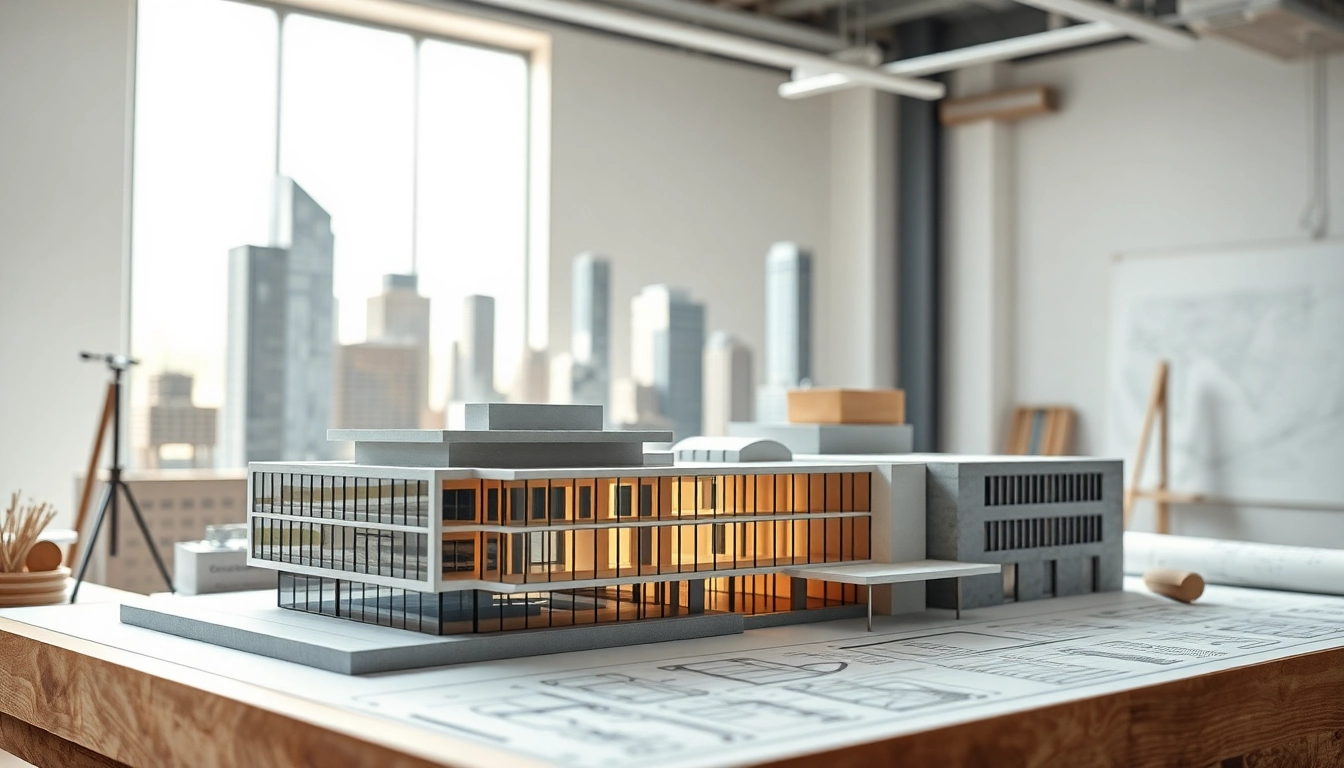 Architekturmodellbau Wiesbaden präsentiert ein detailreiches Modell gezeigt in hellem Studio.