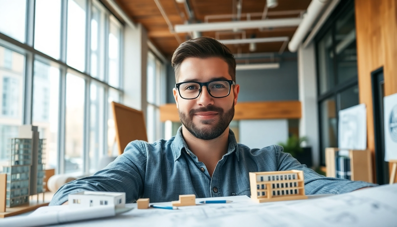 Designing a modern commercial architect's workspace with plans and models