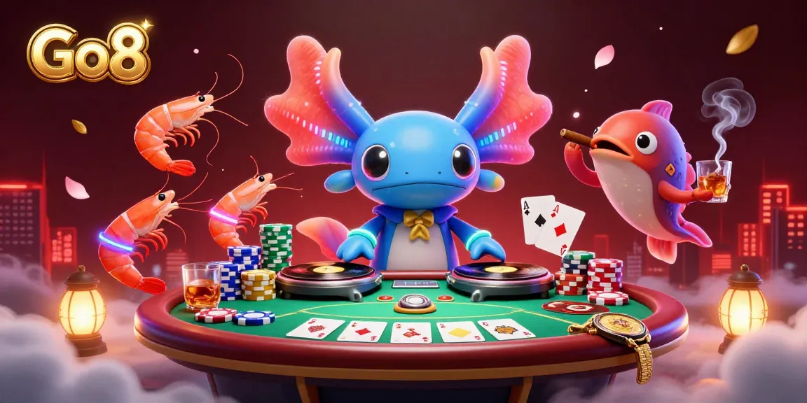 Engage in thrilling casino action with Go8, featuring a lively axolotl DJ, poker tables, and vibrant casino elements.