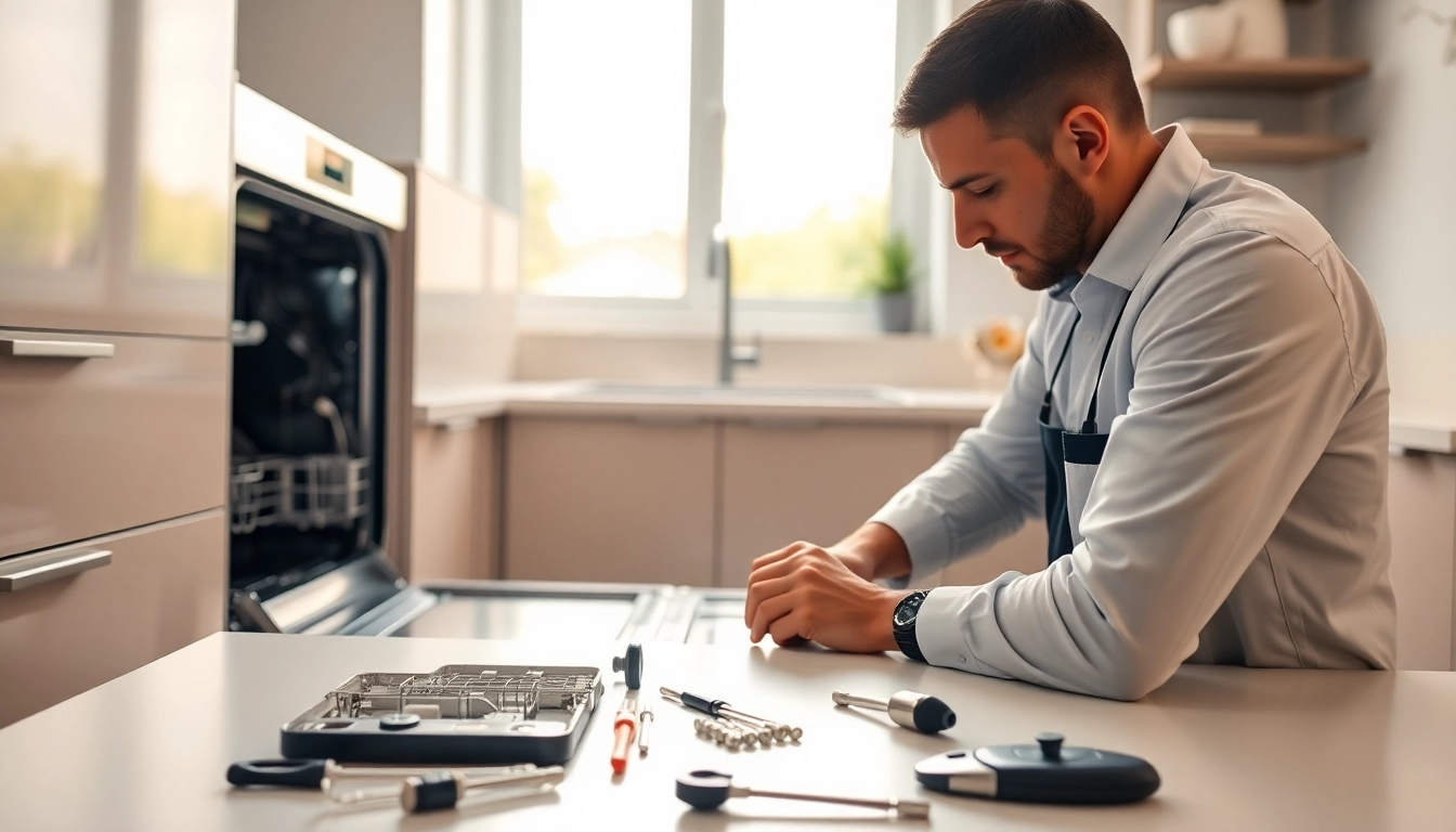 Expert performing BOSCH dishwasher repair in a clean, modern kitchen environment.