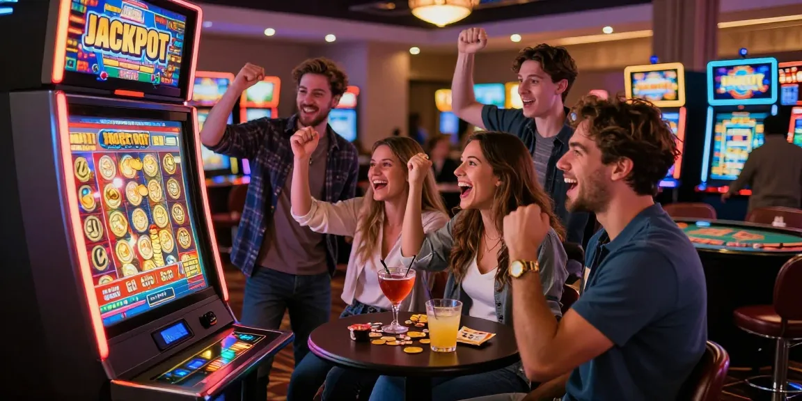 Friends celebrating a win at slot gacor machines in a lively casino environment, vibrant lighting and festive atmosphere.