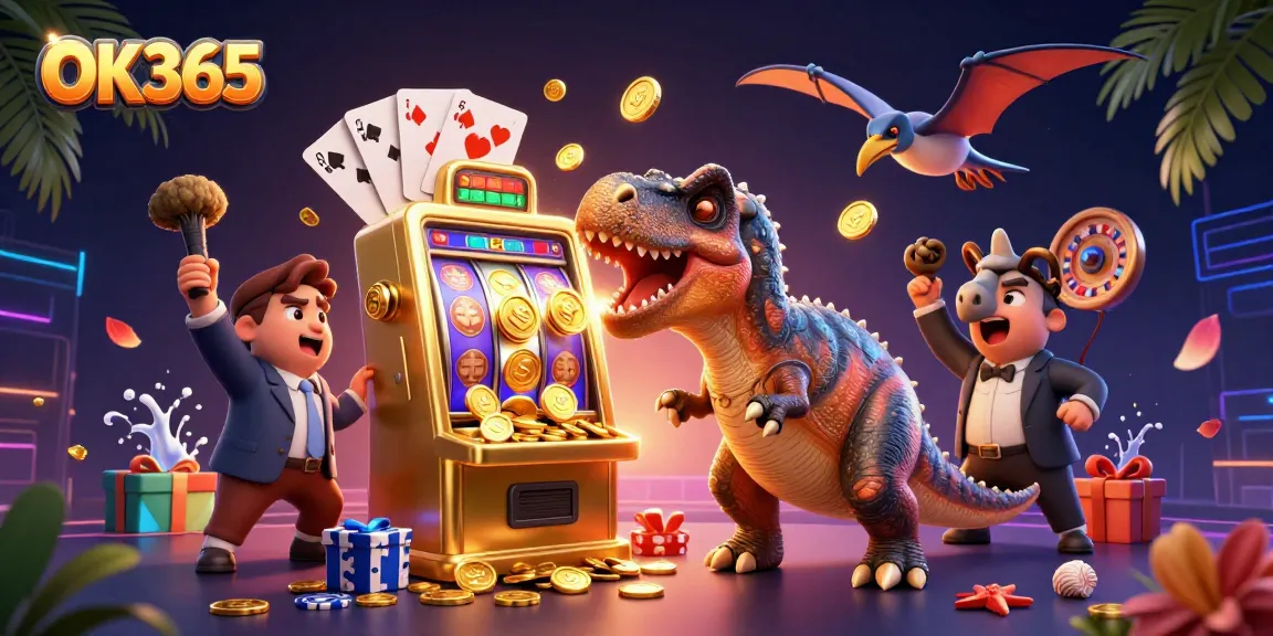Headbutting golden slot machine and catching coins in vibrant OK365 casino illustration.