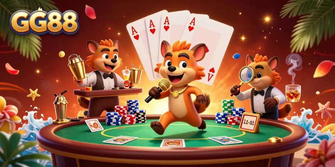Join the fun at GG88 with hyenas in a vibrant comedy casino scene featuring poker elements.