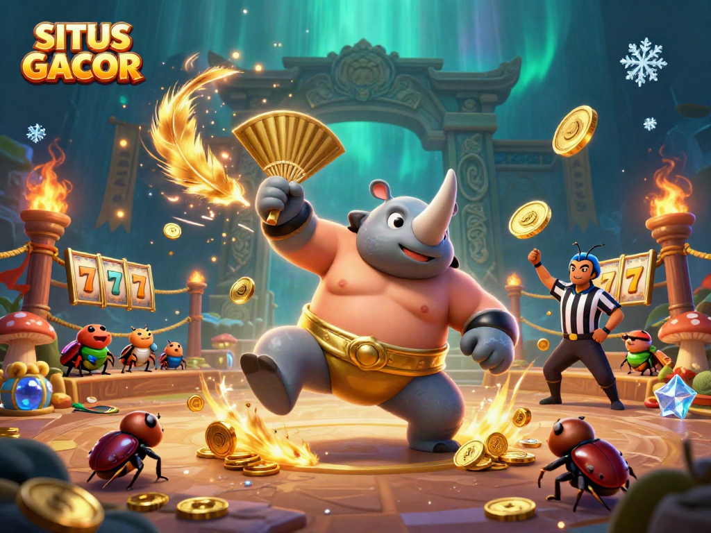 SITUS GACOR showcases a playful 3D beetle wrestling scene with slot elements, enhancing casino excitement.