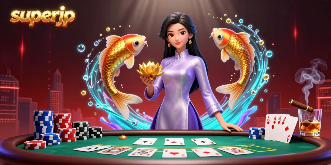 Engage in thrilling poker with superjp, featuring a vibrant scene of a lady and playful koi fish.