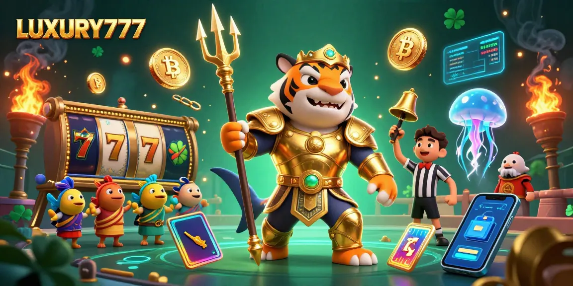 LUXURY777 memainkan slot dengan simbol beruntung dan ikan bersorak dalam gambaran menarik.