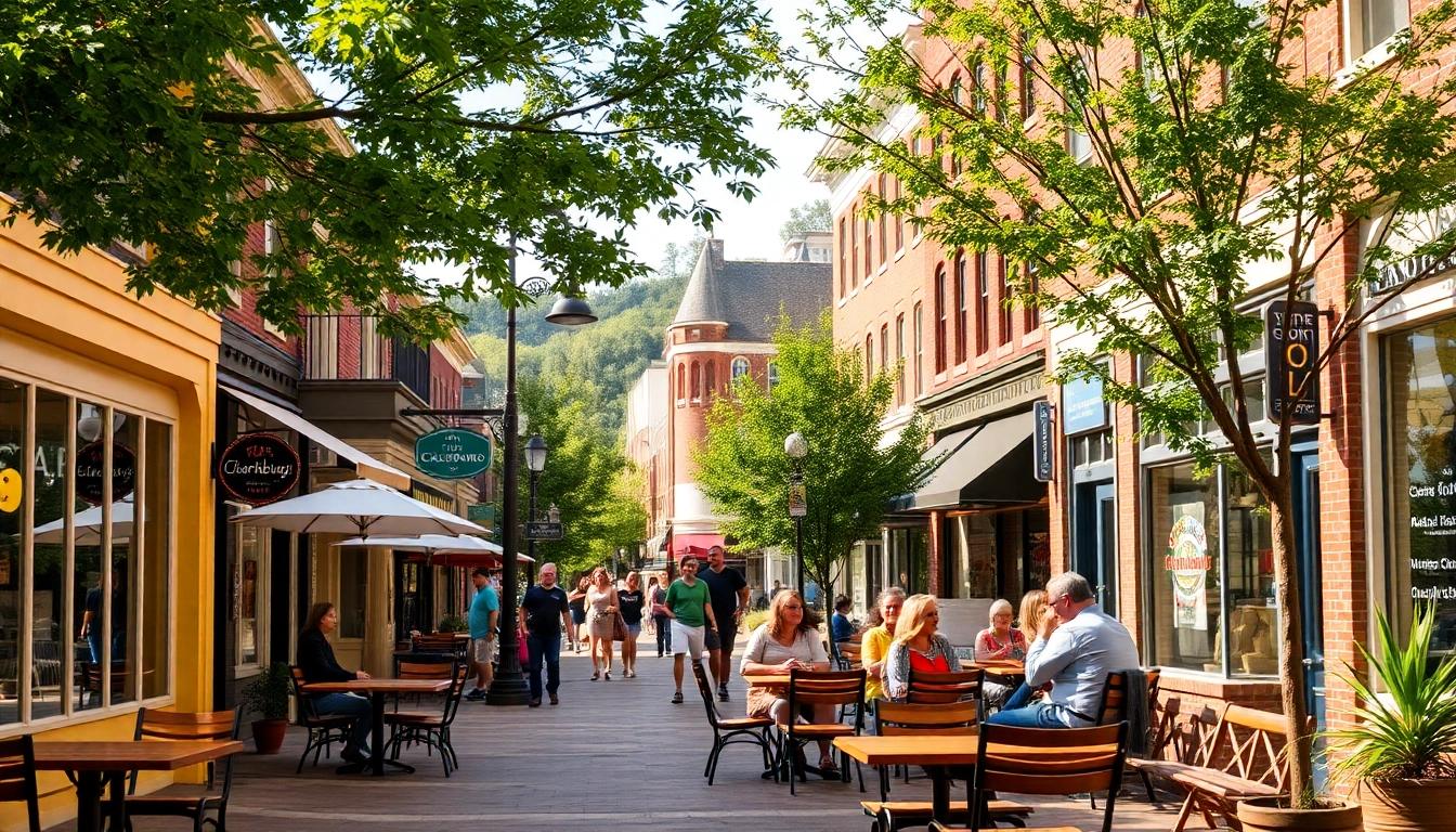Residents enjoying a sunny day in Clarksburg at a vibrant street cafe.