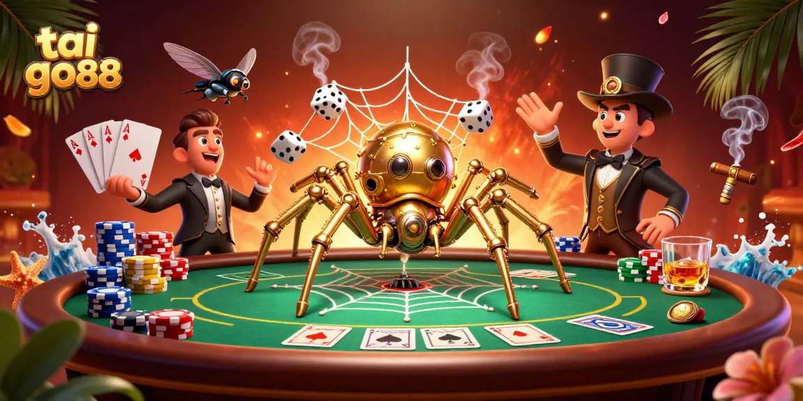 Engage with tai go88 as the spider traps unlucky dice amidst vibrant casino elements and a steampunk aesthetic.